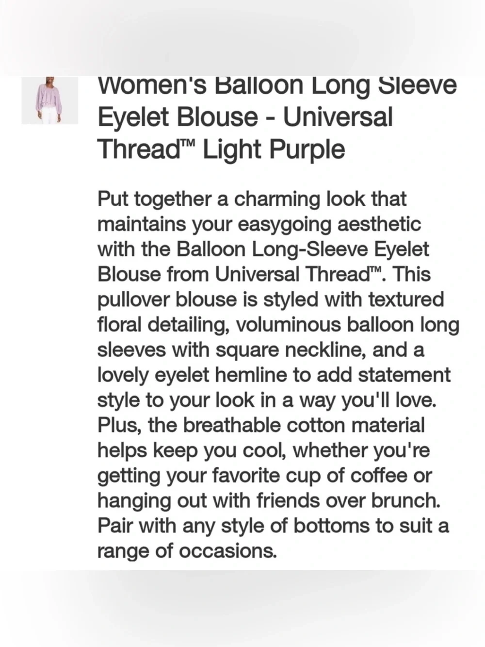 Pastel Purple Bishop Sleeve Blouse Cottagecore Prairie Square Neck Eyelet XS - Picture 12 of 13